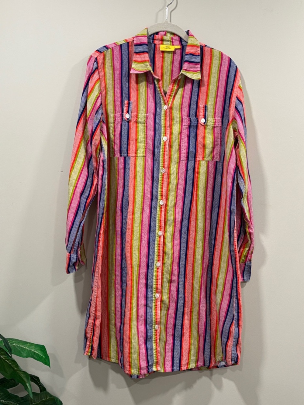 Roller Rabbit Striped Raya Border Linen Shirt Dress in Bright Multi-Color